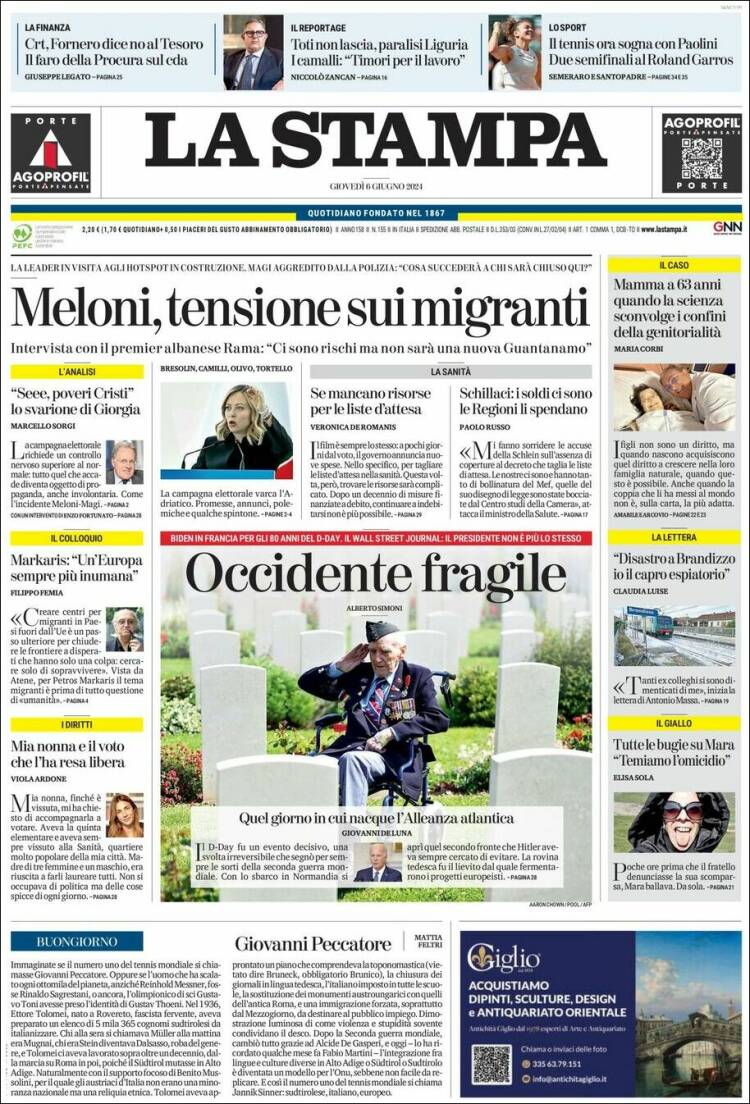 Portada de La Stampa (Italia)