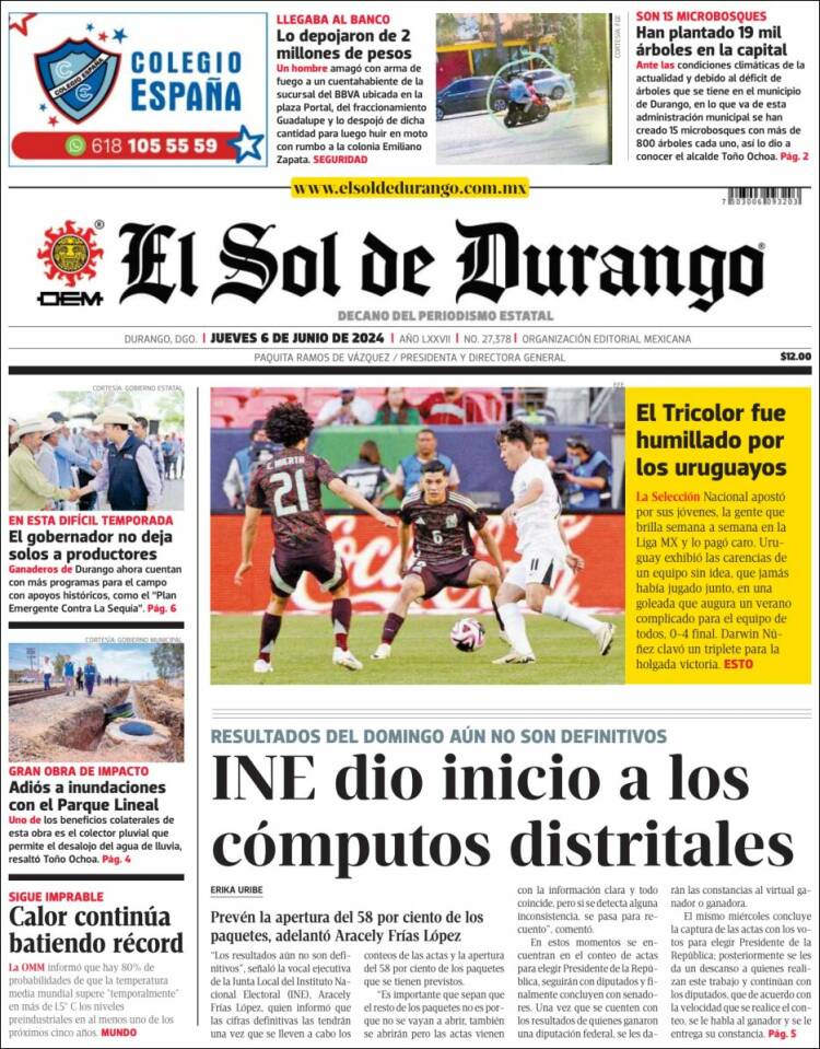 Portada de El Sol de Durango (M&eacute;xico)