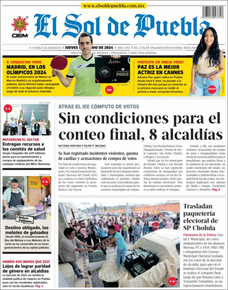 Portada de El Sol de Puebla (M&eacute;xico)