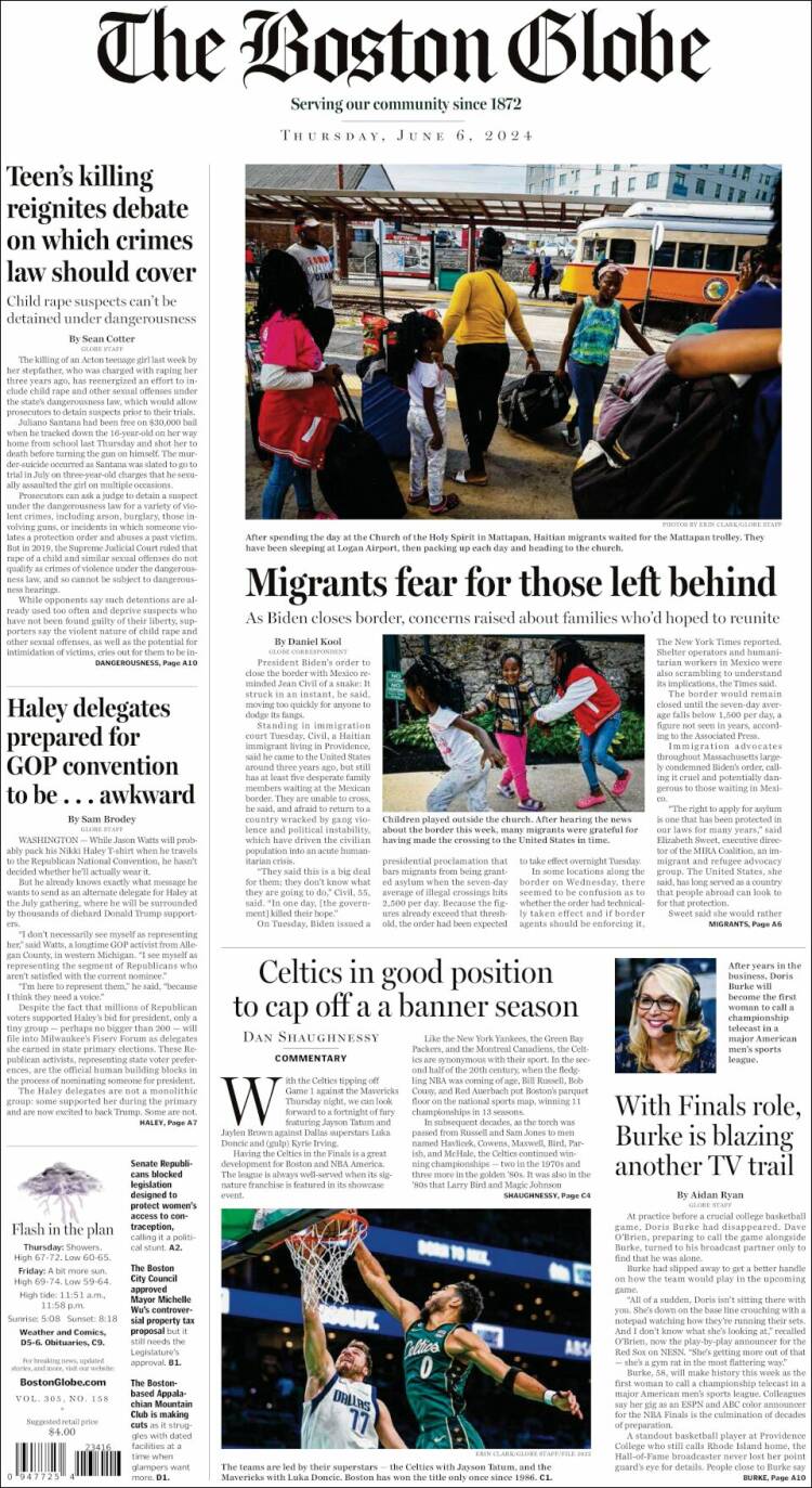 Portada de Boston Globe (USA)