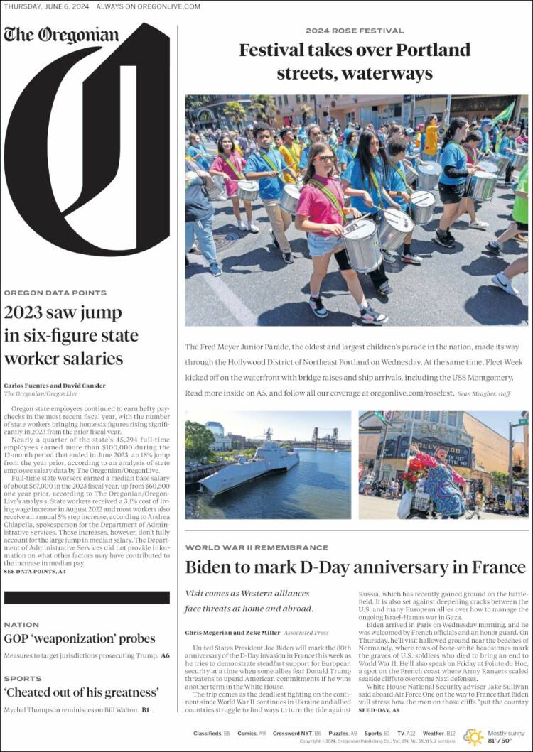 Portada de The Oregonian (USA)