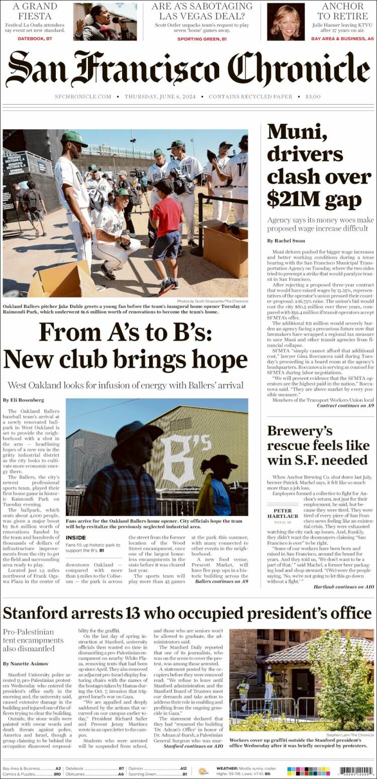 Portada de San Francisco Chronicle (USA)