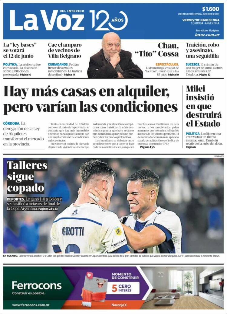 Portada de La Voz del Interior (Argentina)