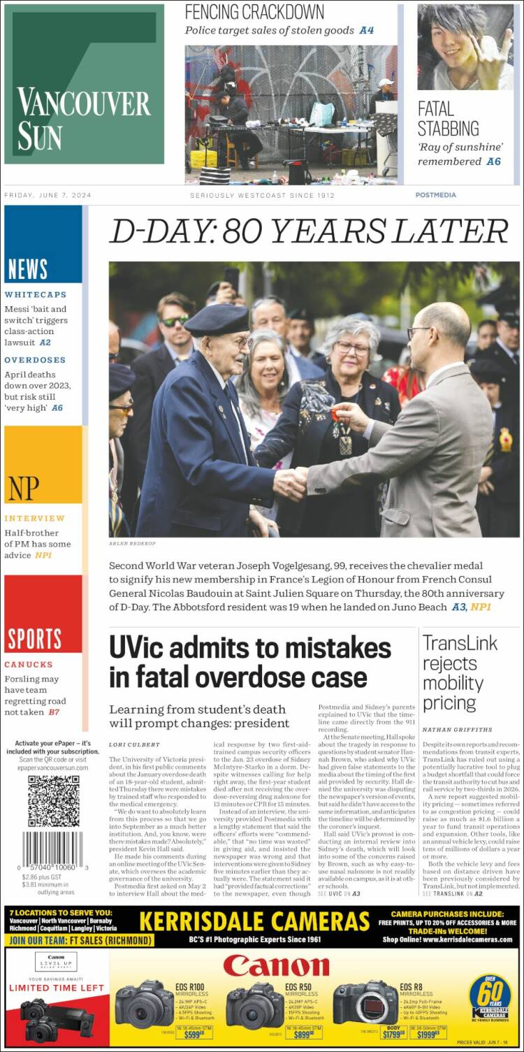 Portada de The Vancouver Sun (Canadá)