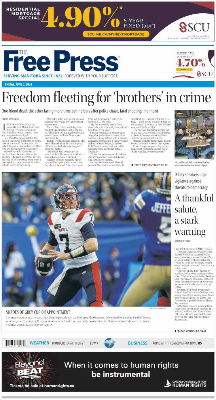 Portada de Winnipeg Free Press (Canadá)