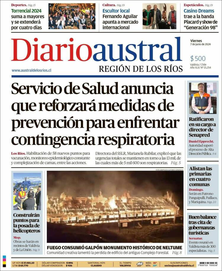 Portada de El Diario Austral de Valdivia (Chile)