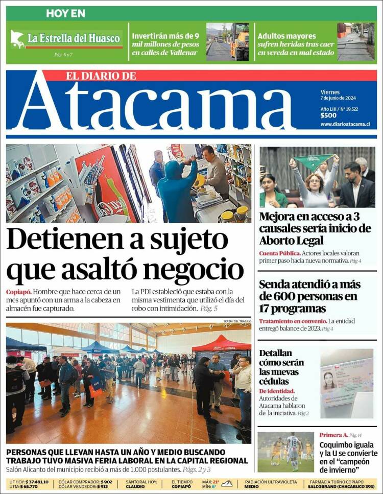 Portada de Diario de Atacama (Chile)