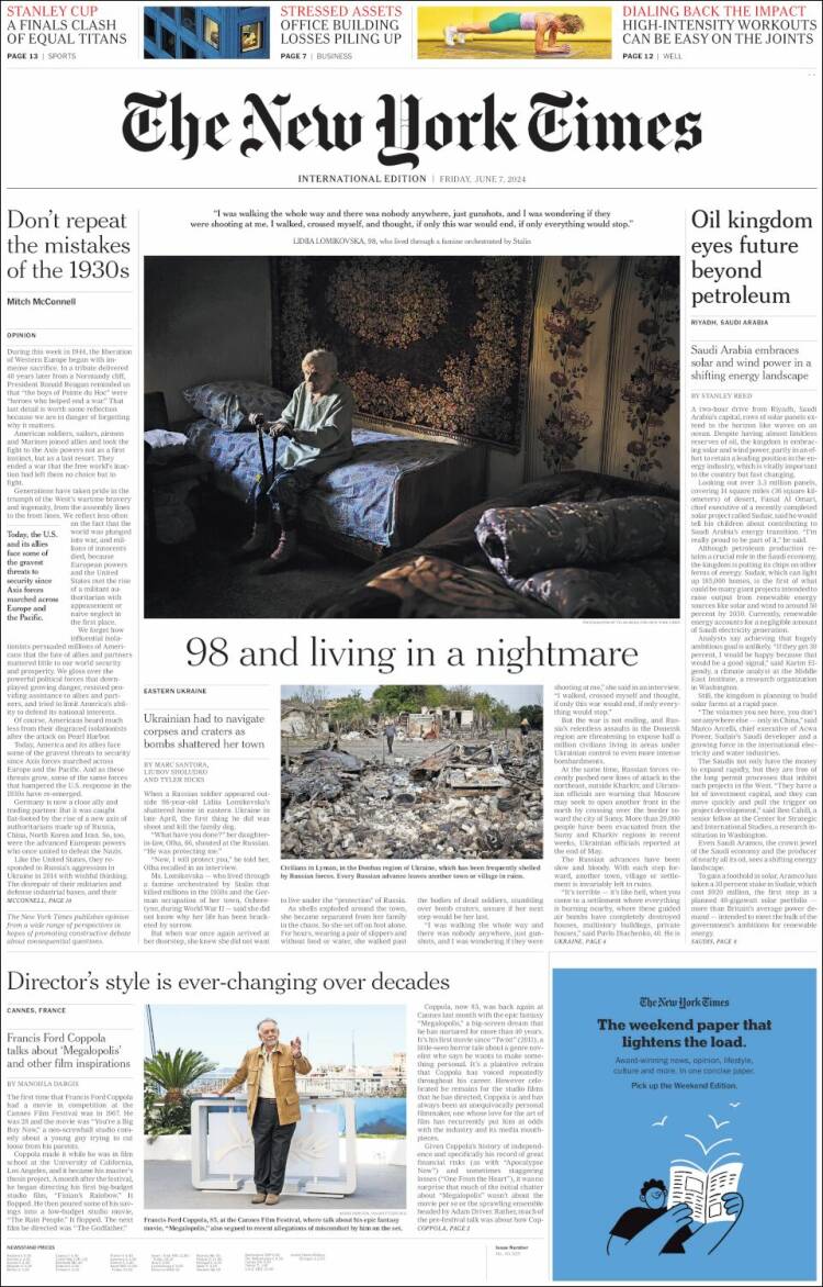 Portada de International New York Times (Europa)