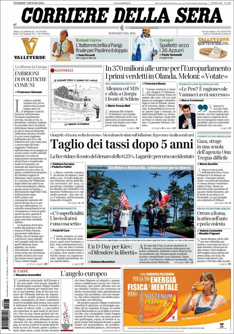 Portada de Corriere della Sera (Italia)