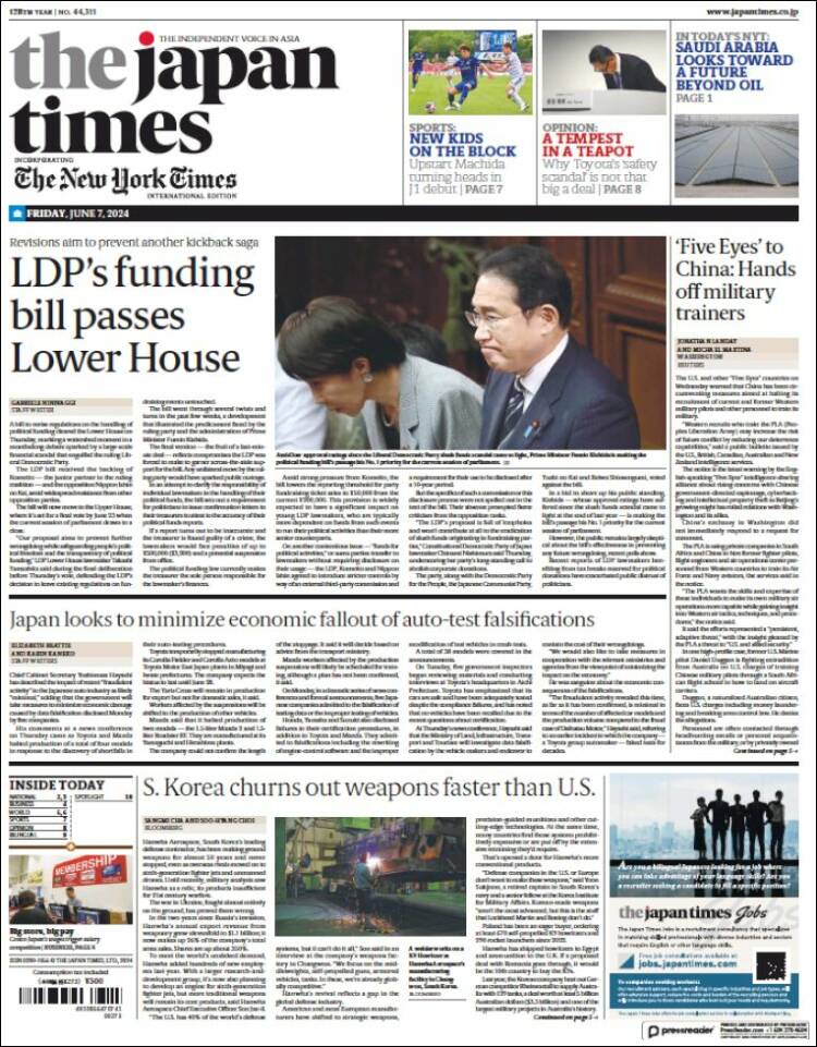 Portada de The Japan Times (Jap&oacute;n)