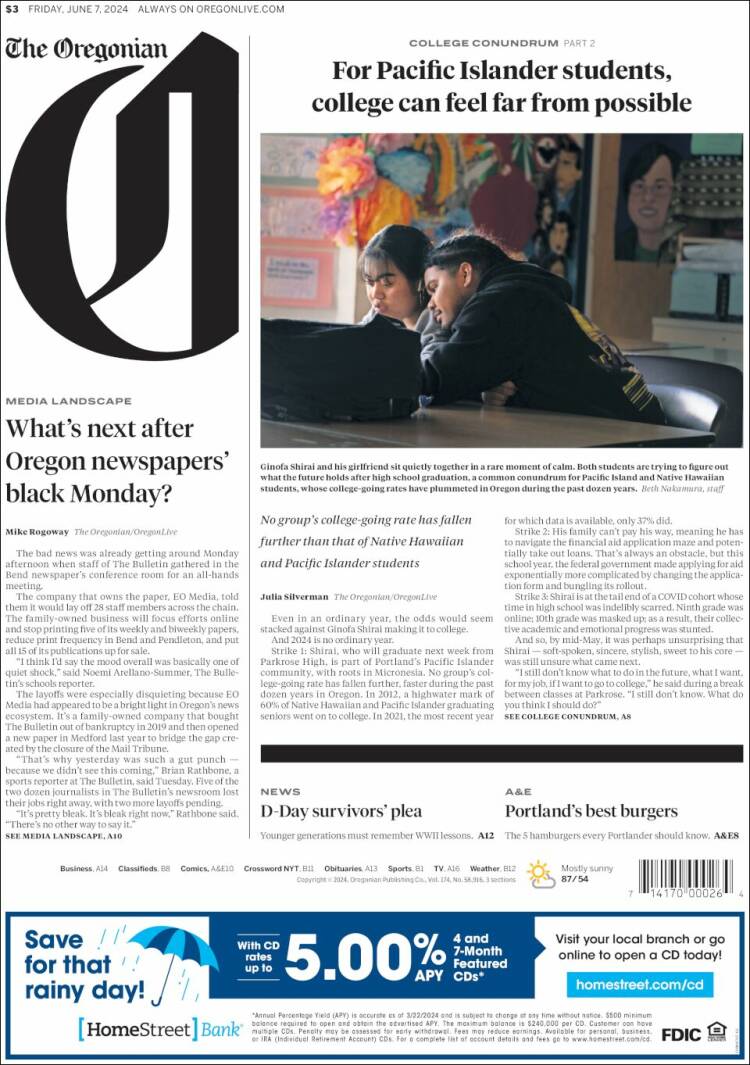 Portada de The Oregonian (USA)