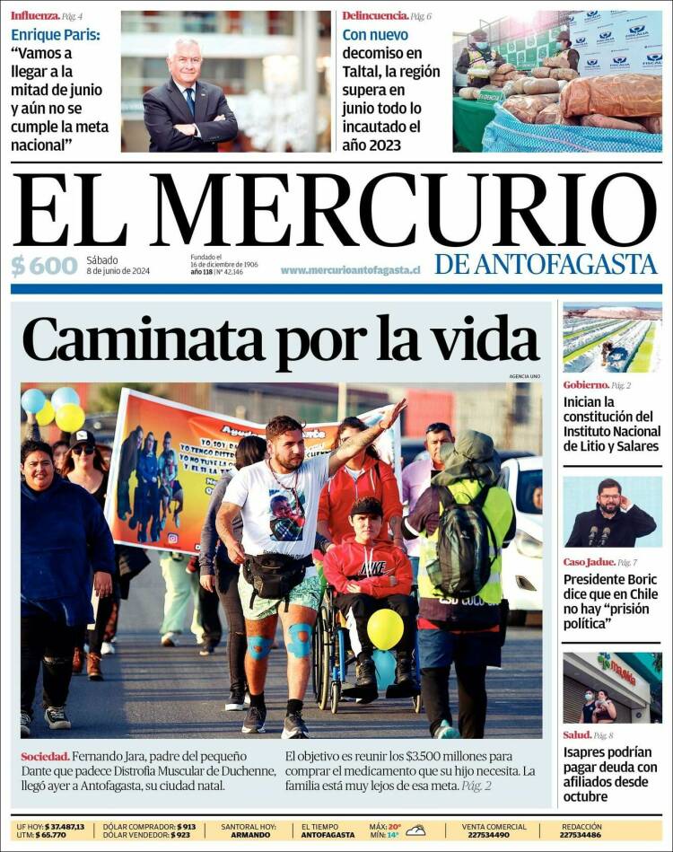 Portada de El Mercurio de Antofagasta (Chile)