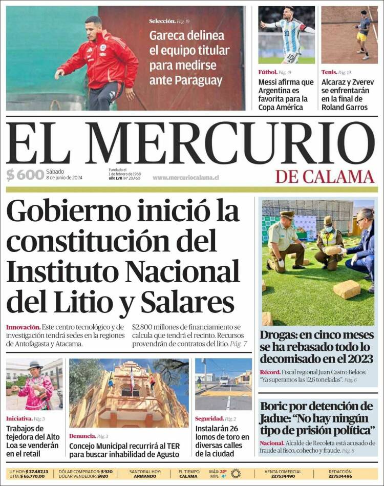 Portada de El Mercurio - Calama (Chile)