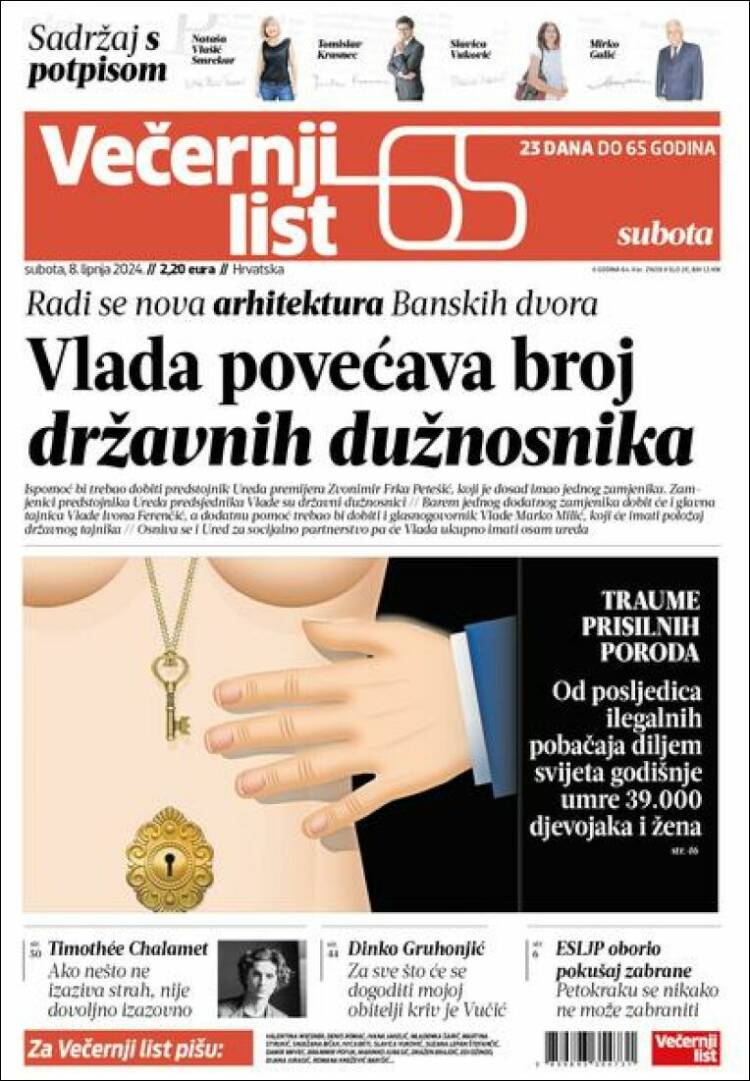 Portada de Večernji (Croacia)