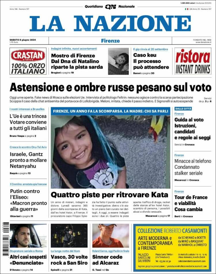 Portada de La Nazione (Italia)