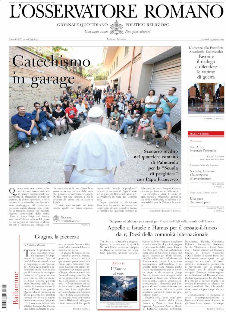 Portada de L'Osservatore Romano (Italia)
