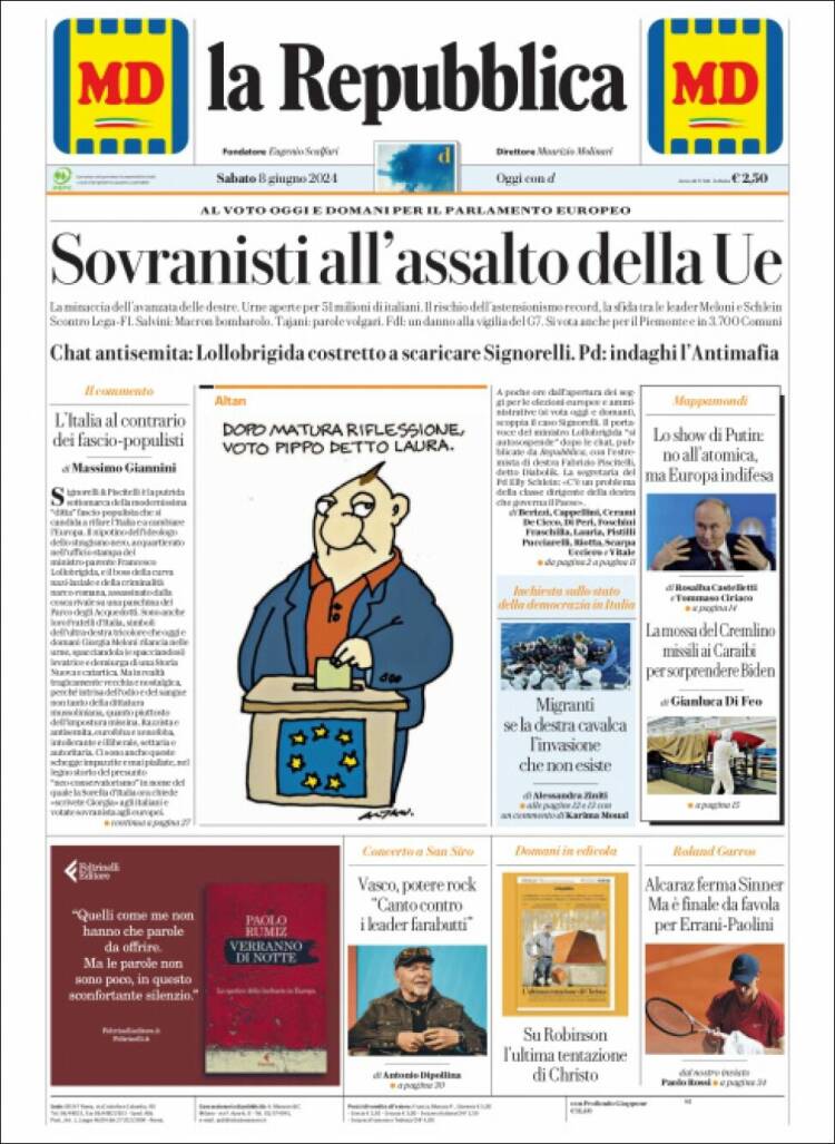 Portada de La Repubblica (Italia)