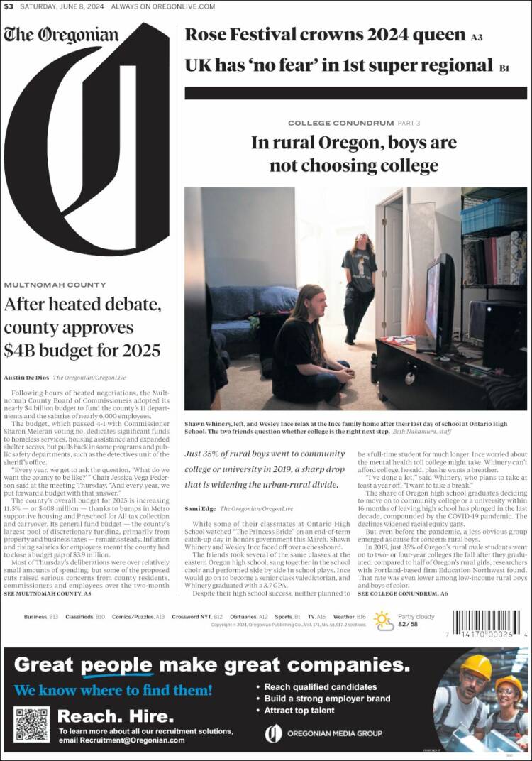 Portada de The Oregonian (USA)