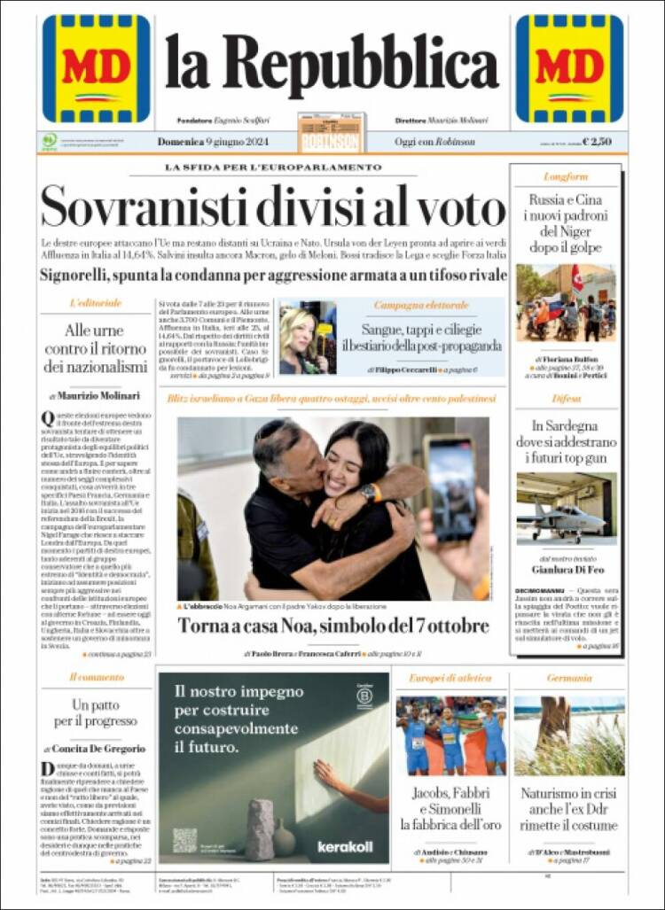 Portada de La Repubblica (Italia)
