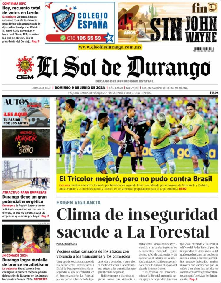 Portada de El Sol de Durango (M&eacute;xico)