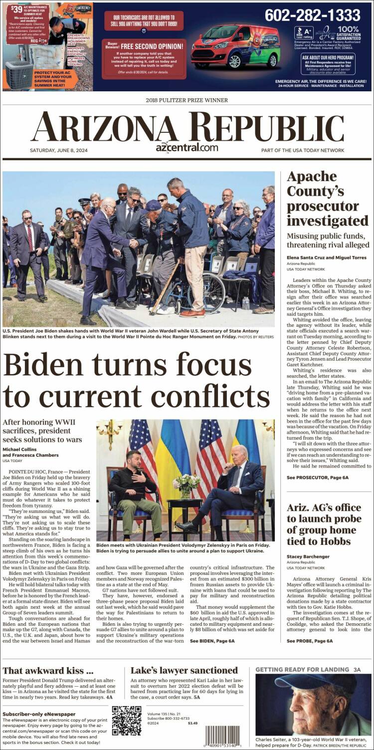 Portada de Arizona Republic News (USA)
