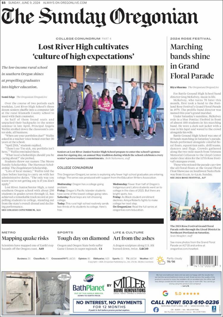 Portada de The Oregonian (USA)
