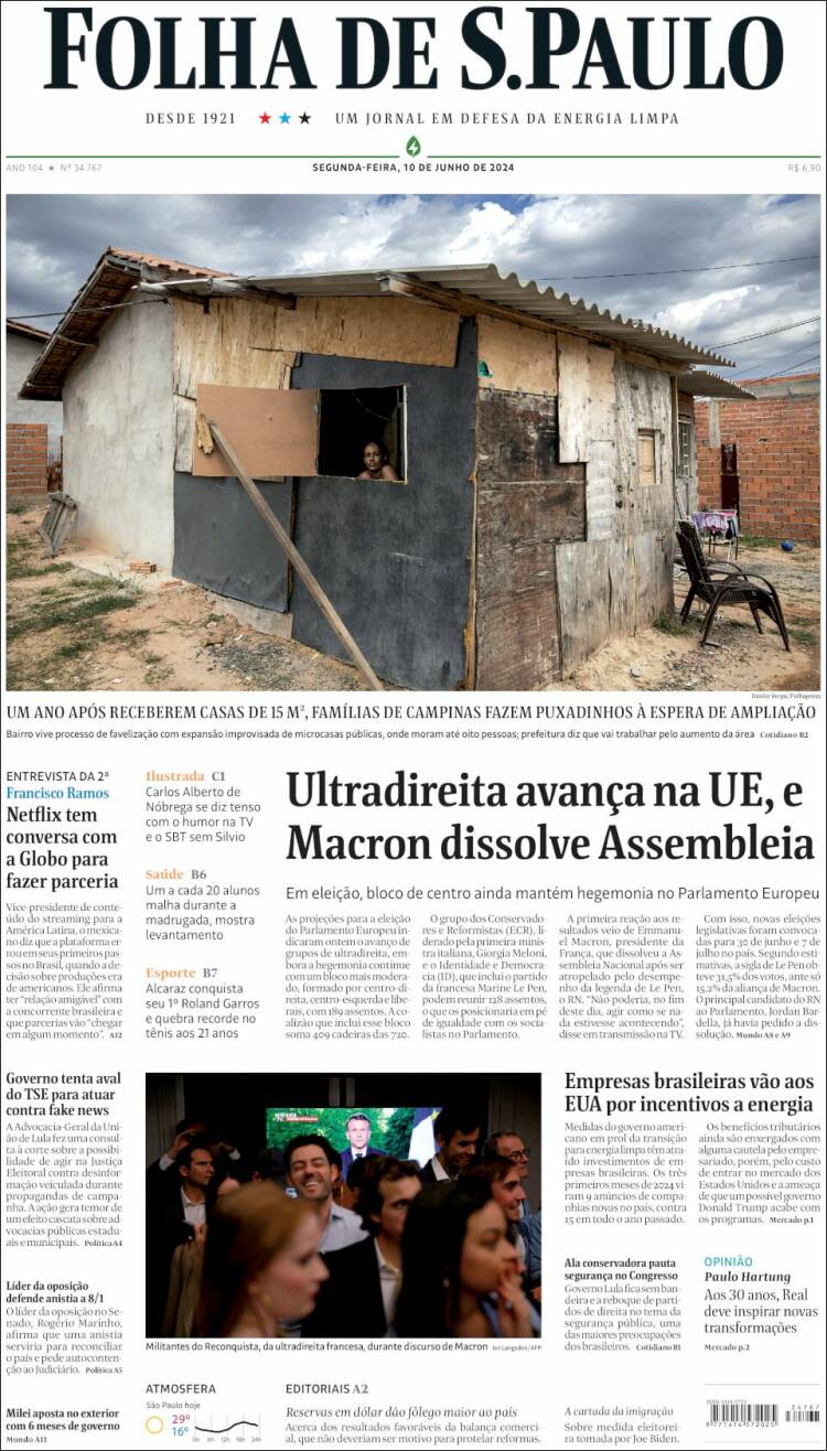 Portada de Folha de São Paulo (Brasil)