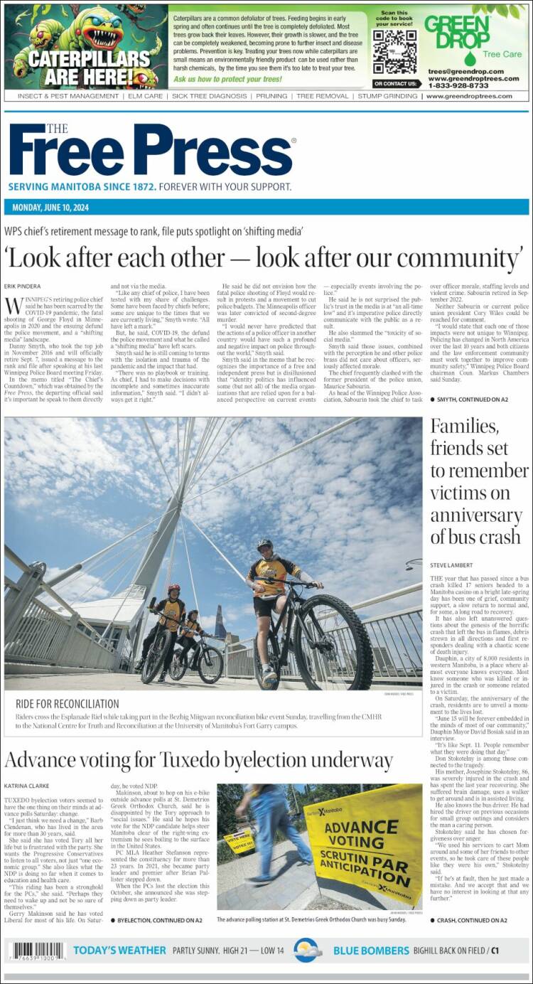 Portada de Winnipeg Free Press (Canadá)