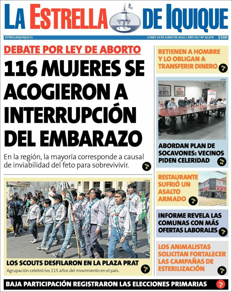 Portada de La Estrella de Iquique (Chile)