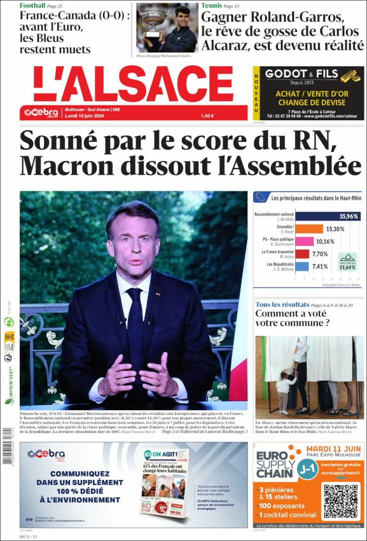 Portada de Journal L'Alsace (Francia)
