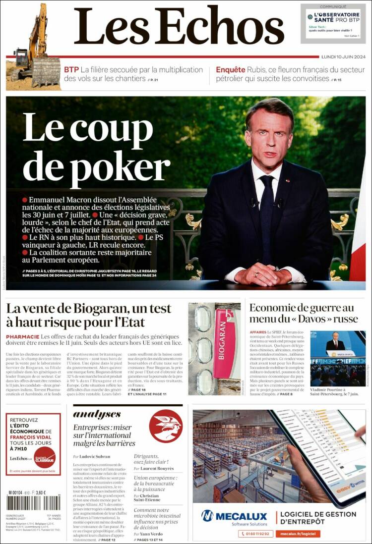Portada de Les Echos (Francia)