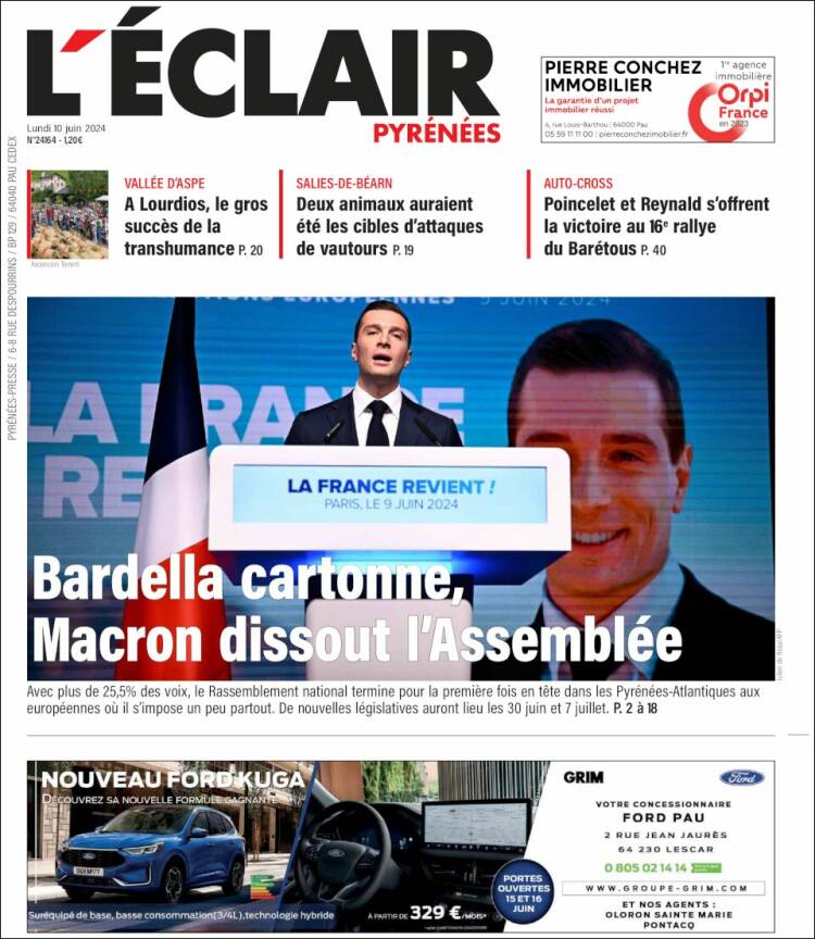 Portada de L'Eclair des Pyrénées (Francia)