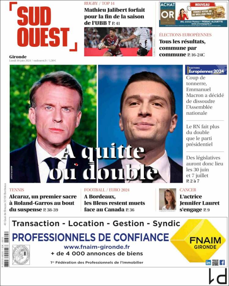 Portada de Sud Ouest (Francia)