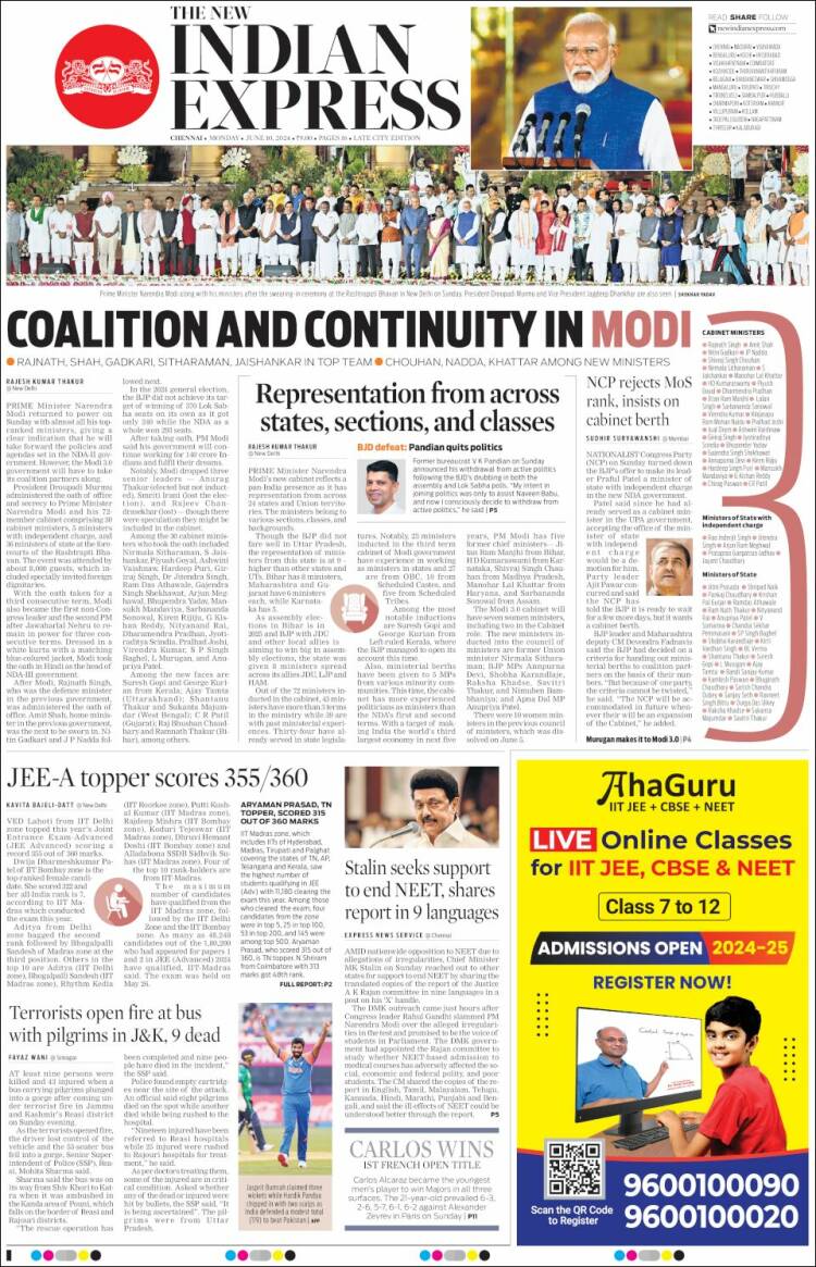 Portada de New Indian Express (India)