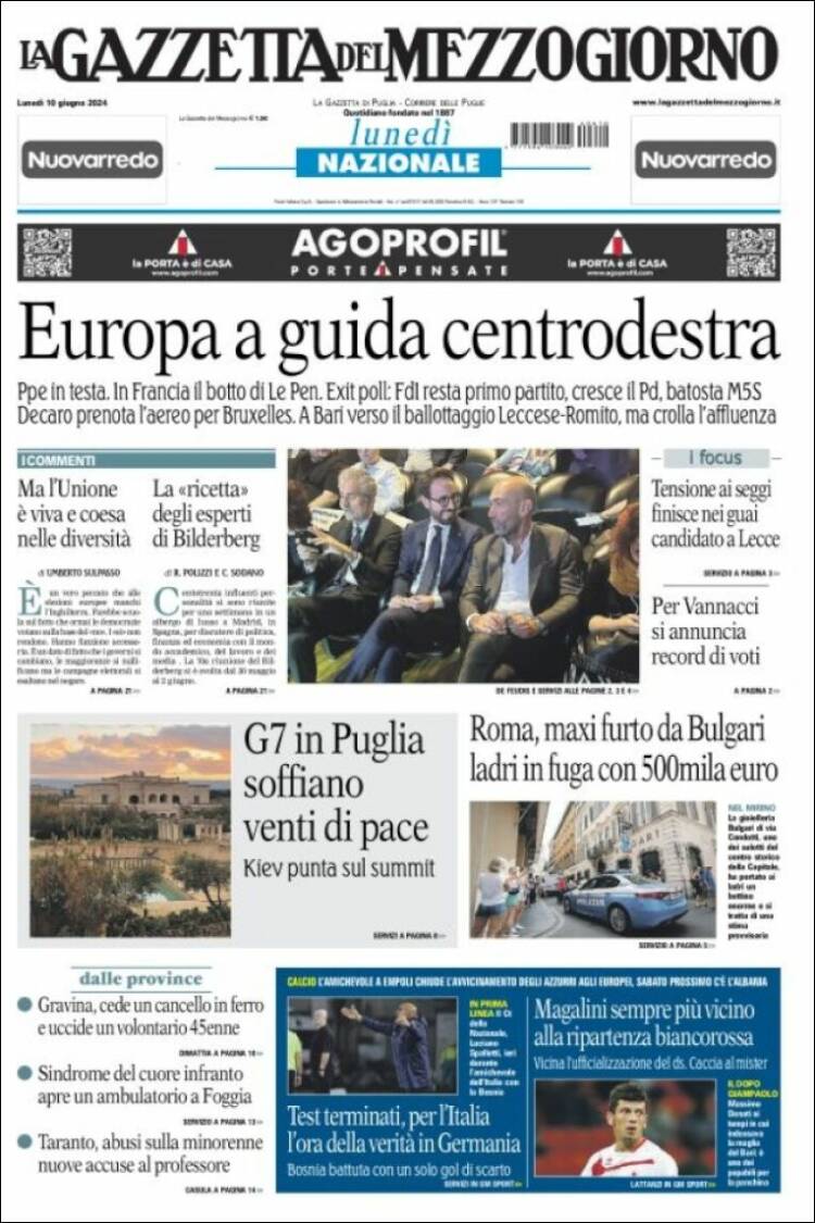 Portada de La Gazzetta del Mezzogiorno (Italia)