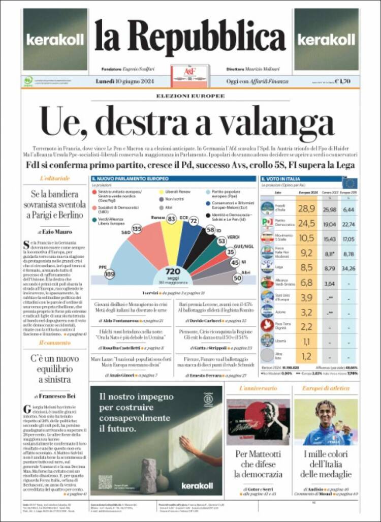 Portada de La Repubblica (Italia)