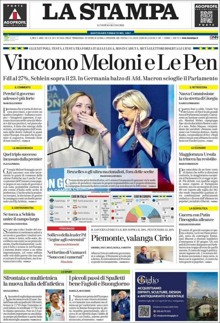 Portada de La Stampa (Italia)