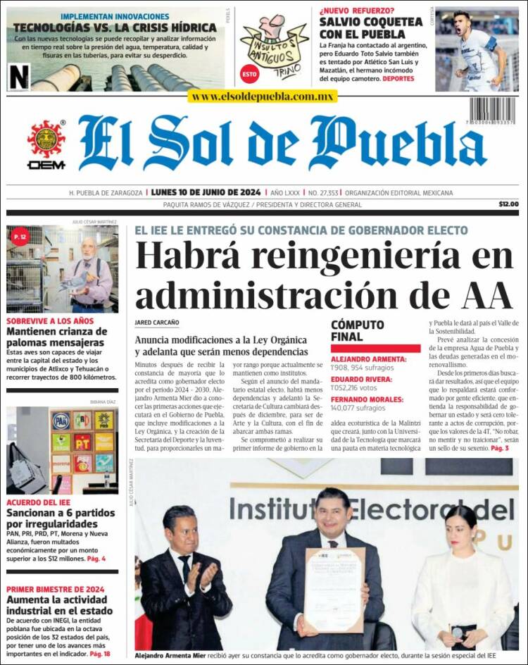 Portada de El Sol de Puebla (M&eacute;xico)