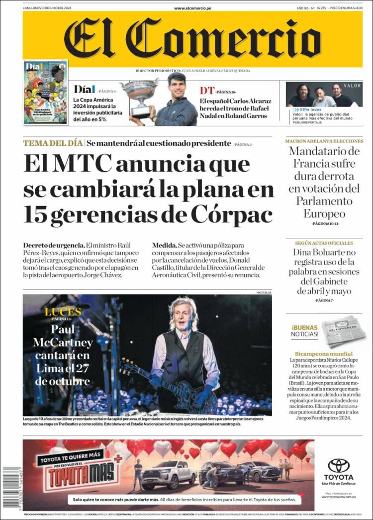 Portada de El Comercio (Per&uacute;)