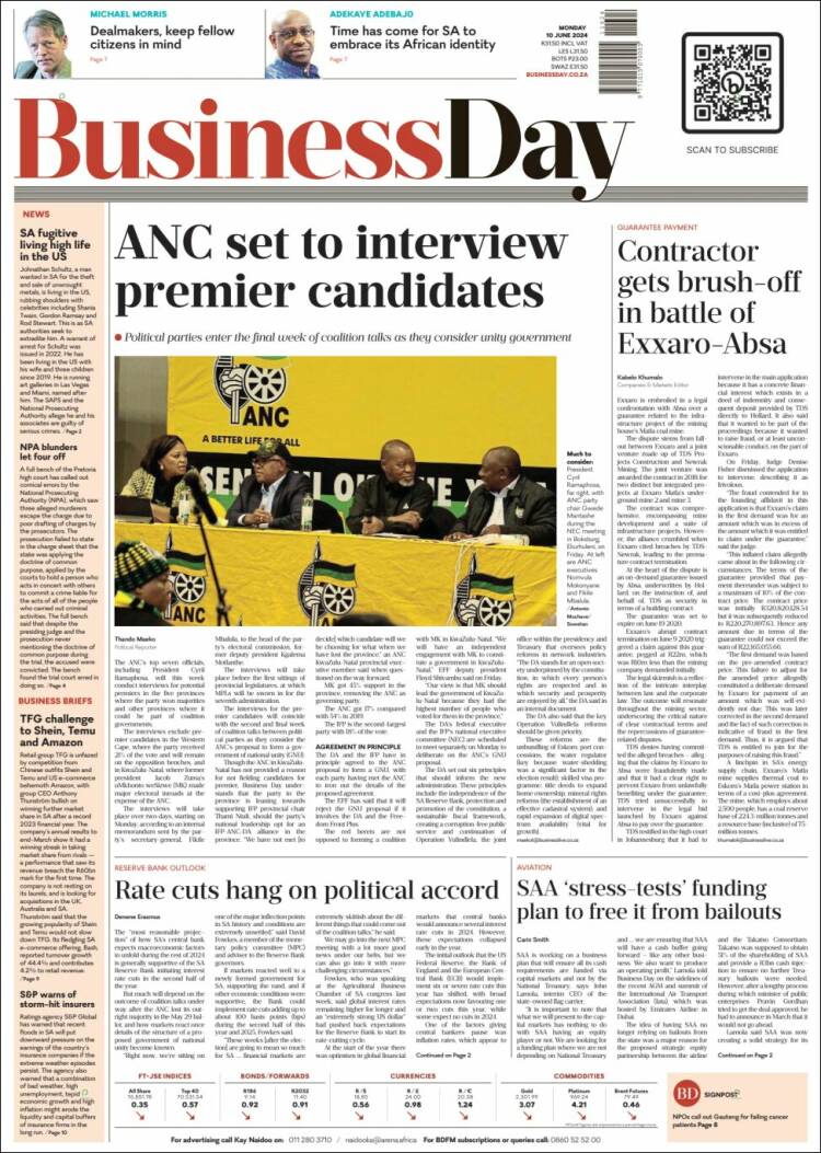 Portada de Business Day (Sud&aacute;frica)