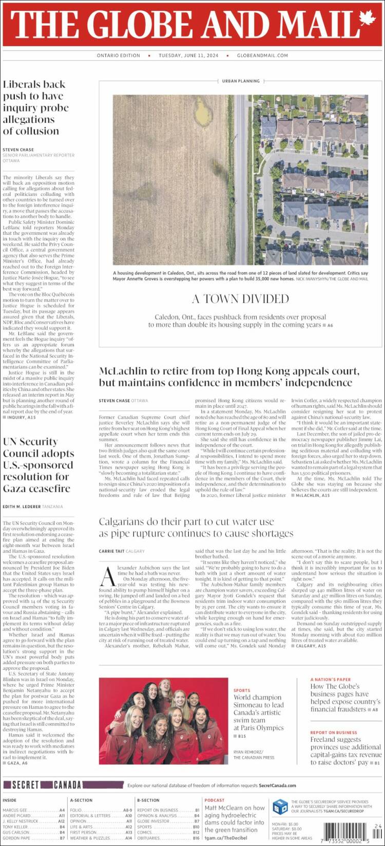 Portada de The Globe and Mail (Canad&aacute;)