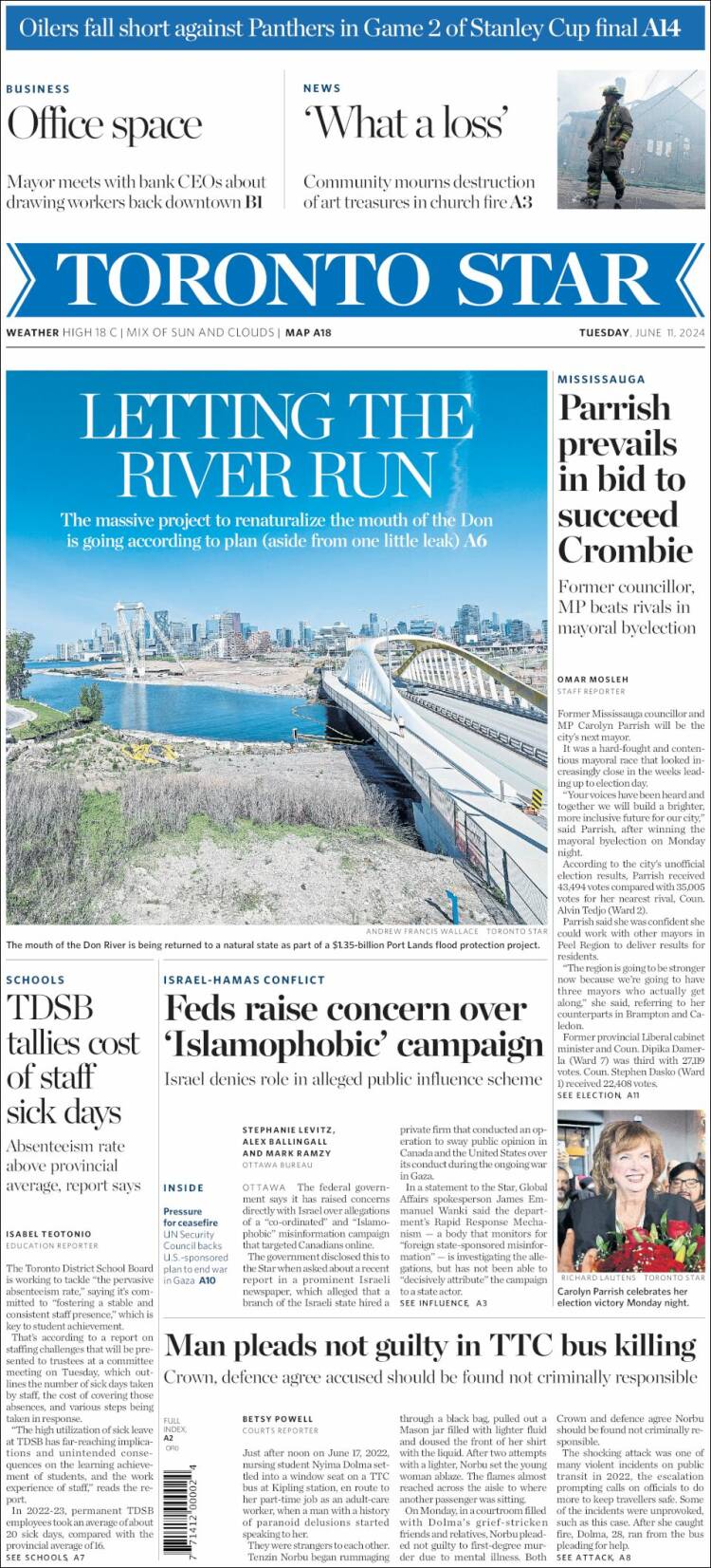 Portada de The Toronto Star (Canad&aacute;)