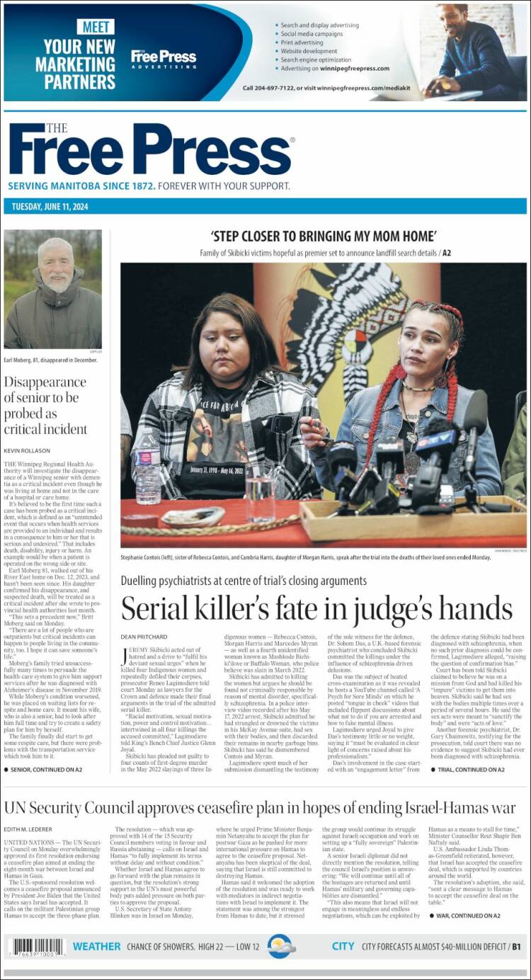 Portada de Winnipeg Free Press (Canad&aacute;)