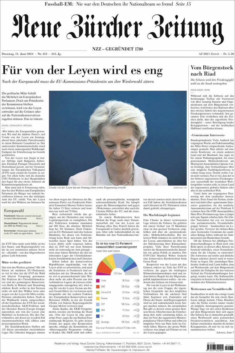 Portada de Neue Zürcher Zeitung (Suiza)