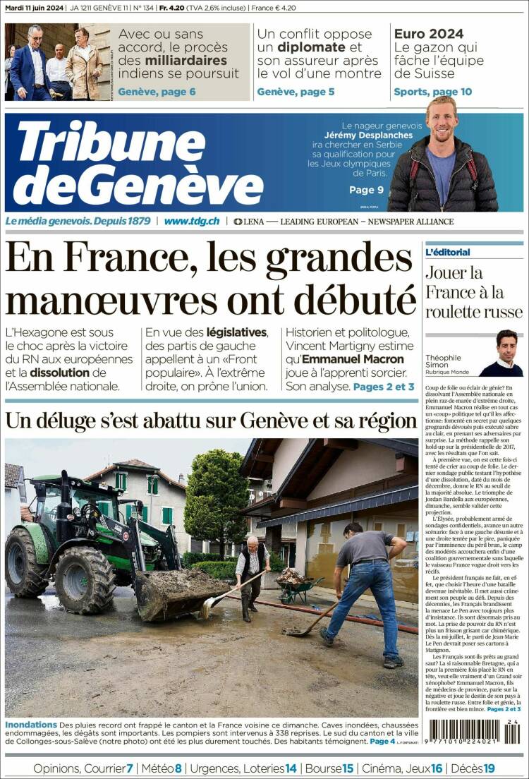 Portada de La Tribune de Genève (Suiza)