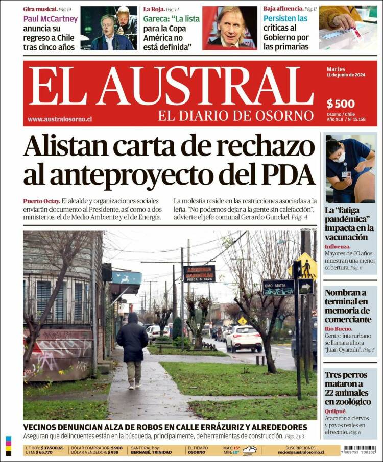 Portada de El Austral de Osorno (Chile)