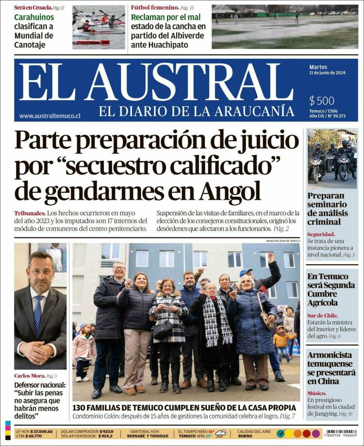 Portada de El Austral de Temuco (Chile)