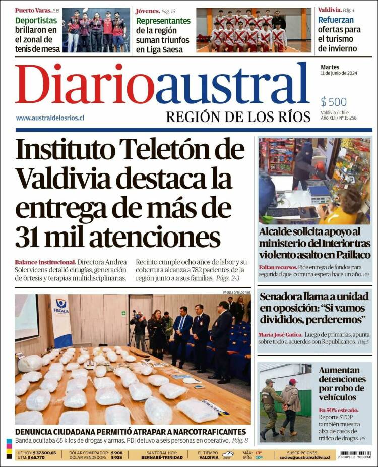 Portada de El Diario Austral de Valdivia (Chile)