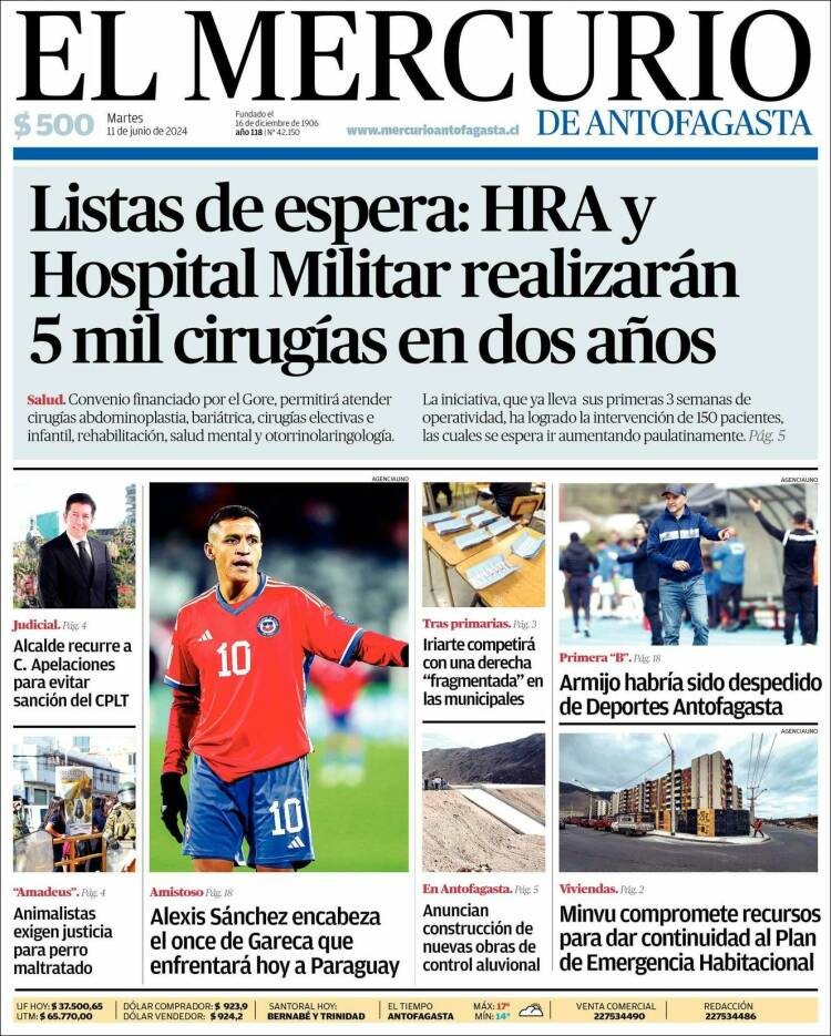 Portada de El Mercurio de Antofagasta (Chile)