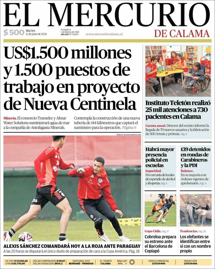 Portada de El Mercurio - Calama (Chile)